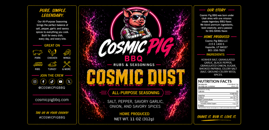 Cosmic Dust All-Purpose SPG+ Seasoning label — Cosmic Pig BBQ