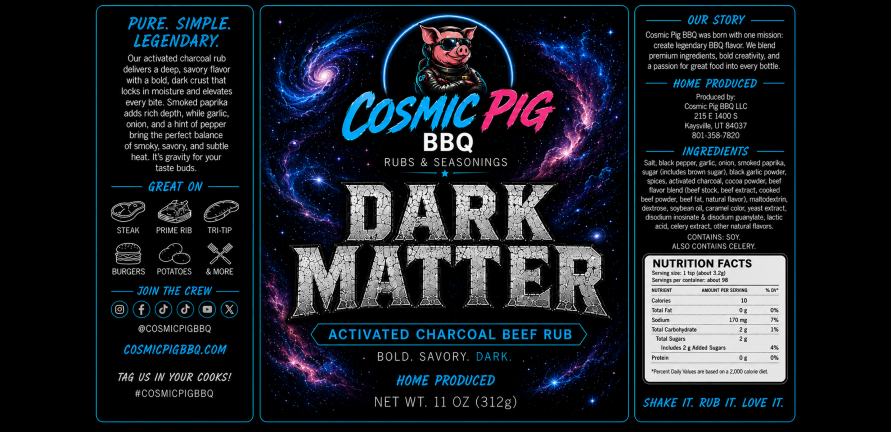 Dark Matter Black Garlic Beef Rub label — Cosmic Pig BBQ