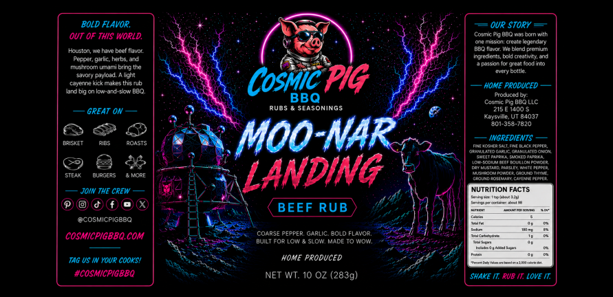 Moo-nar Landing Savory Beef Rub label — Cosmic Pig BBQ