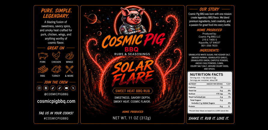 Solar Flare Sweet Heat BBQ Rub label — Cosmic Pig BBQ