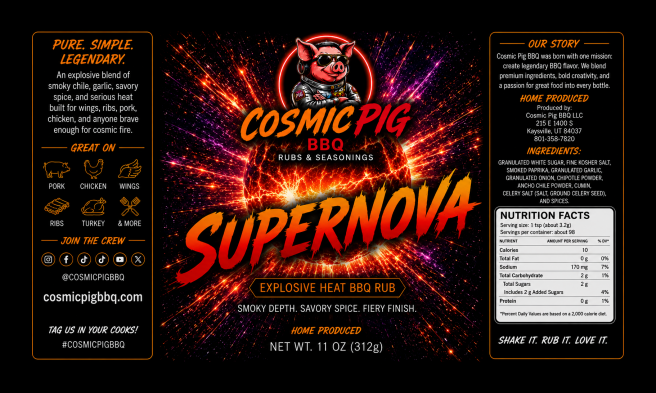 Supernova Hot and Sweet BBQ Rub label — Cosmic Pig BBQ